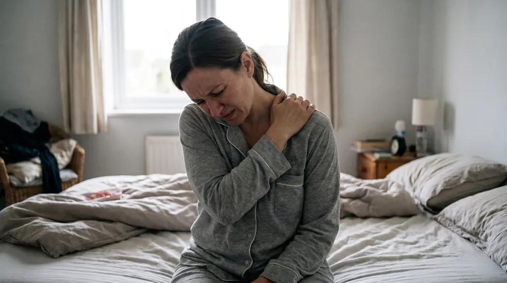 Woman in pain holding her shoulder at night